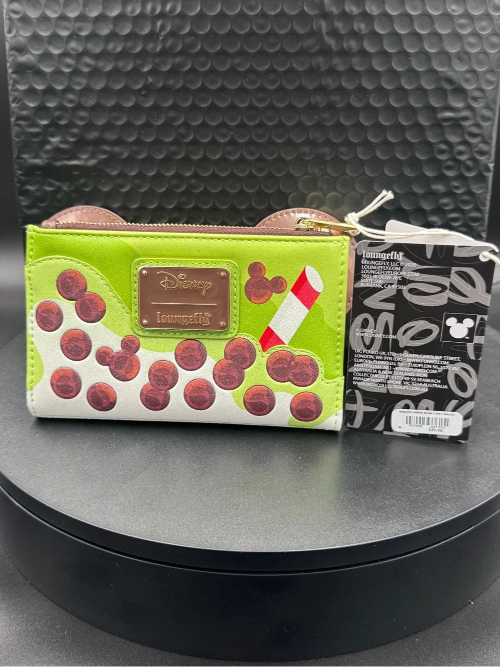 Loungefly  Boba Tea Neon Green Mickey Ear Zip Wallet with Brown Ears